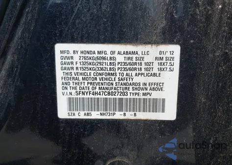 2012 Honda Pilot Ex from USA, damaged, VIN 5FNYF4H47CB027203